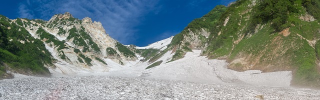 白馬岳を目指し青空の大雪渓を登攀