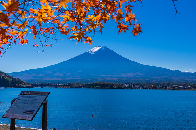 川口湖畔より富士山