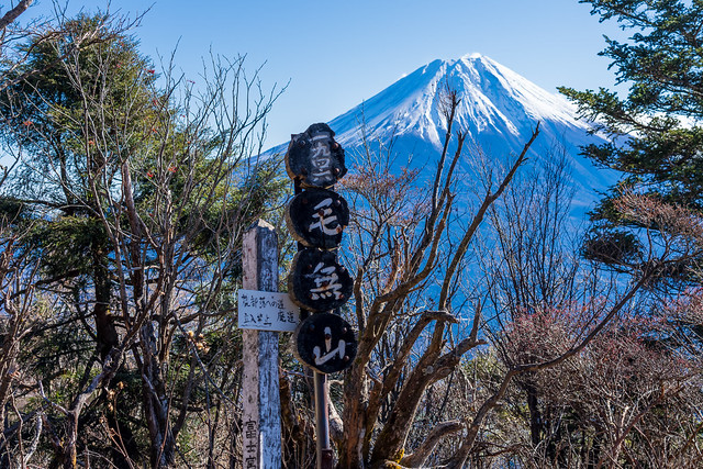 毛無山の山標と富士山